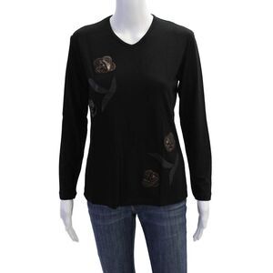 Natto Womens Leather Detail Round Neck Long Sleeve T-Shirt Top Brown Size M